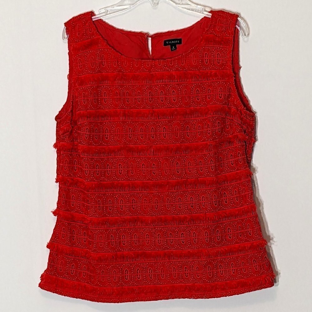 Women's "Talbots" Red-Orange Sleeveless Top w Fringe & Lace; Size 8
